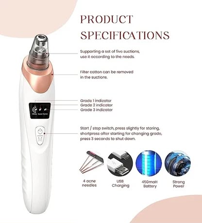 Blackhead Remover Vacuum Pore Cleaner – Electric Facial Acne & Blackhead Removal Device with 5 Suction Heads