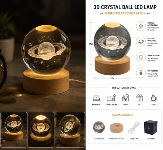 3D Crystal Ball LED Night Lamp – Saturn Solar System Glass Orb with Wooden Base