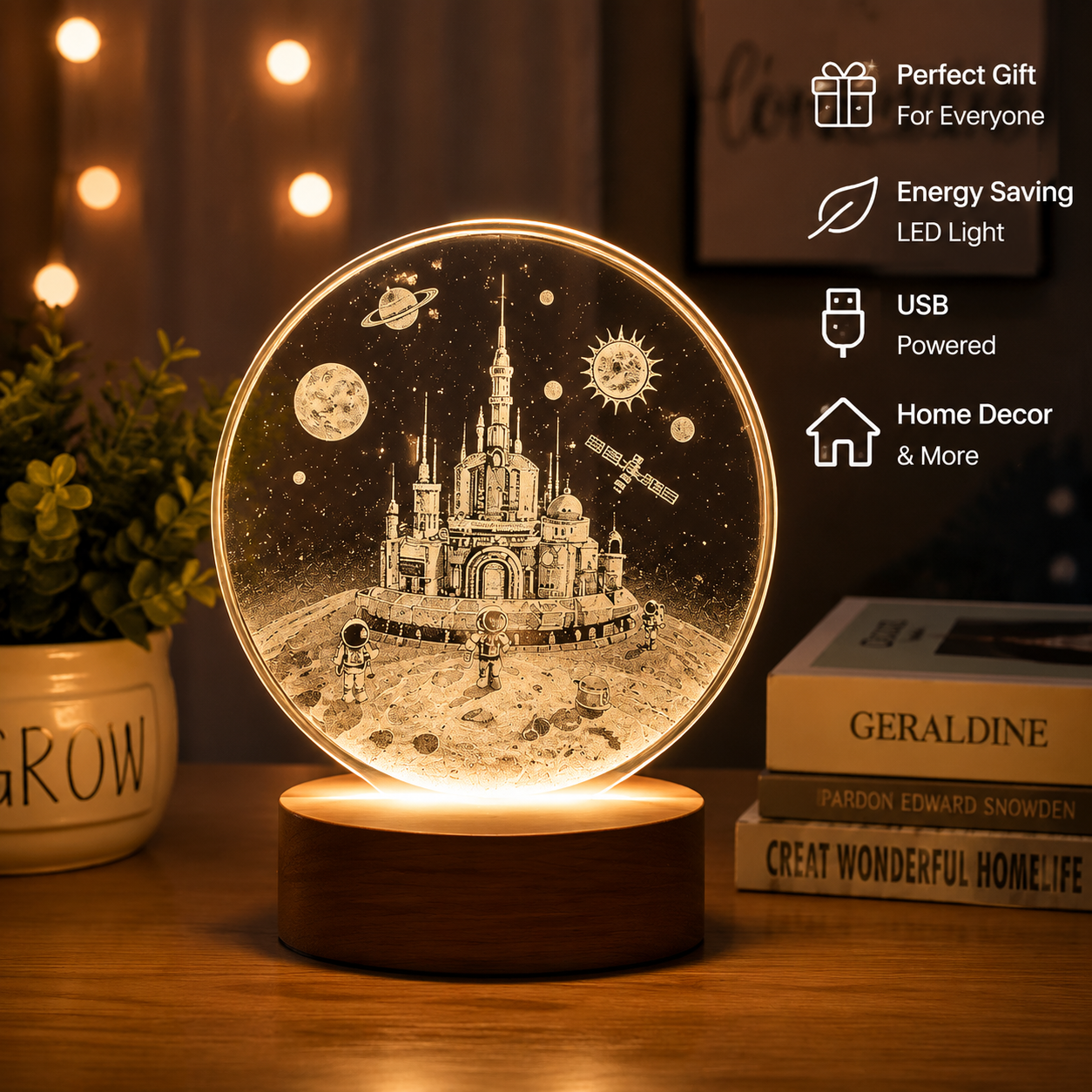 3D Creative Visualization LED Night Lamp – Space Moon Acrylic Desk Lamp with Wooden Base