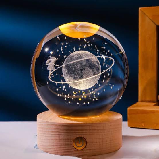 3D Crystal Ball LED Night Lamp – Saturn Solar System Glass Orb with Wooden Base