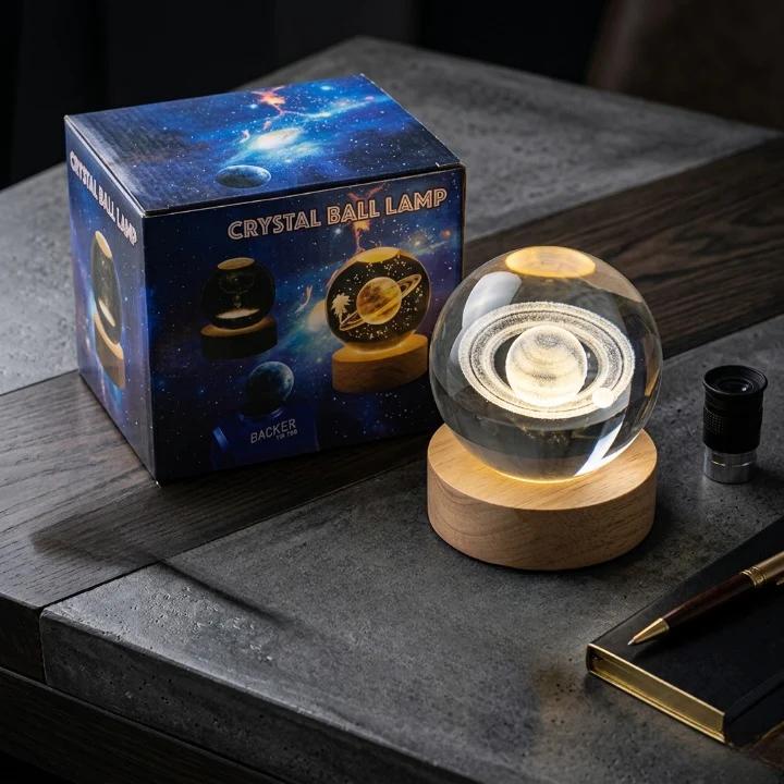 3D Crystal Ball LED Night Lamp – Saturn Solar System Glass Orb with Wooden Base
